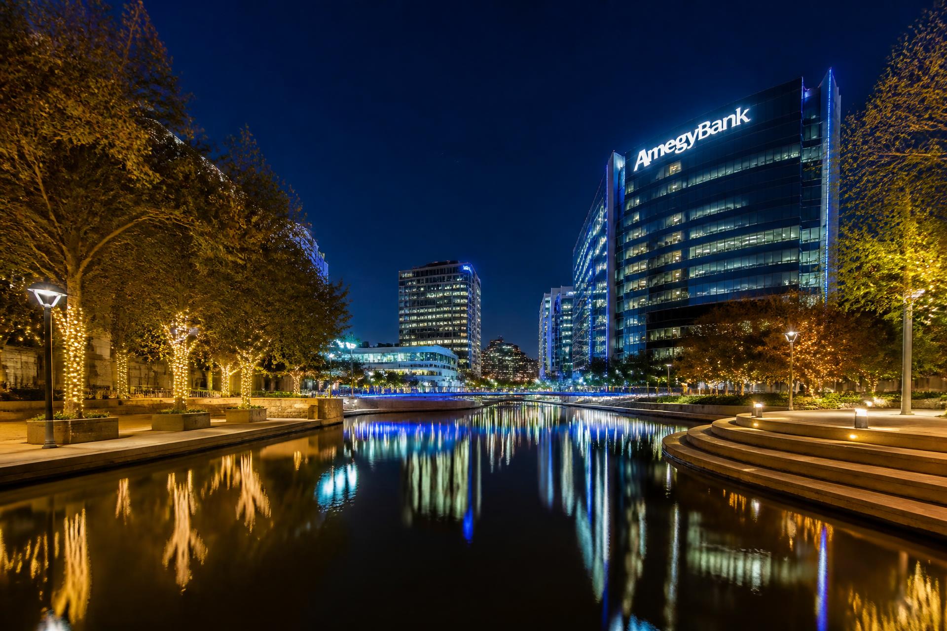 The Woodlands, Texas waterway at blue hour